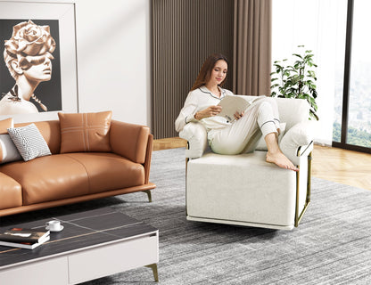 360 Degree Square Swivel Accent Sofa Chair,Fluffy Fabric Lounge Wide Upholstered Reading Chair with Gold Metal Legs, Comfortable Armchair for Living Room,Bedroom,Office(Beige)