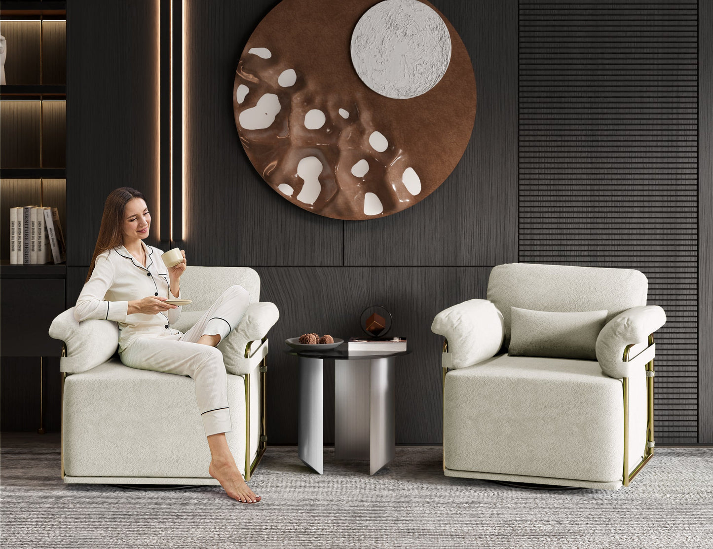 360 Degree Square Swivel Accent Sofa Chair,Fluffy Fabric Lounge Wide Upholstered Reading Chair with Gold Metal Legs, Comfortable Armchair for Living Room,Bedroom,Office(Beige)