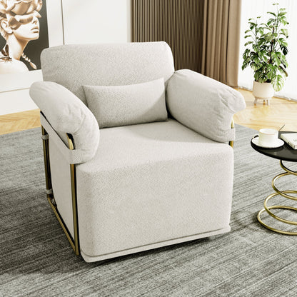 360 Degree Square Swivel Accent Sofa Chair,Fluffy Fabric Lounge Wide Upholstered Reading Chair with Gold Metal Legs, Comfortable Armchair for Living Room,Bedroom,Office(Beige)