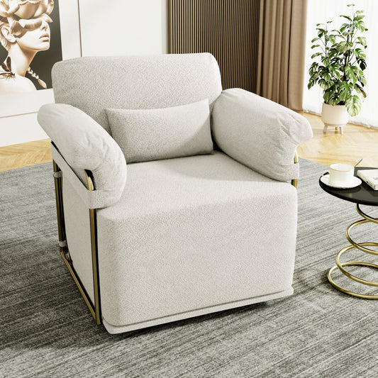 360 Degree Square Swivel Accent Sofa Chair,Fluffy Fabric Lounge Wide Upholstered Reading Chair with Gold Metal Legs, Comfortable Armchair for Living Room,Bedroom,Office(Beige)