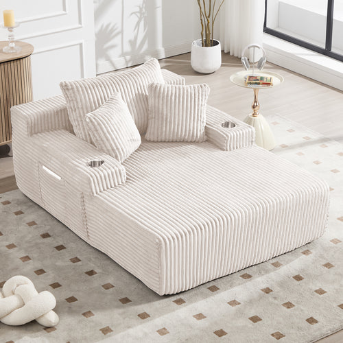 66' Chaise Lounge Chair Indoor, Oversized Corduroy Upholstered Boneless Sofa with USB&Type C, Deep Seat Sleeper Couch Reading Chairs with Pillows, Cloud Sofas Couches Living Room No Assembly Accent Chair