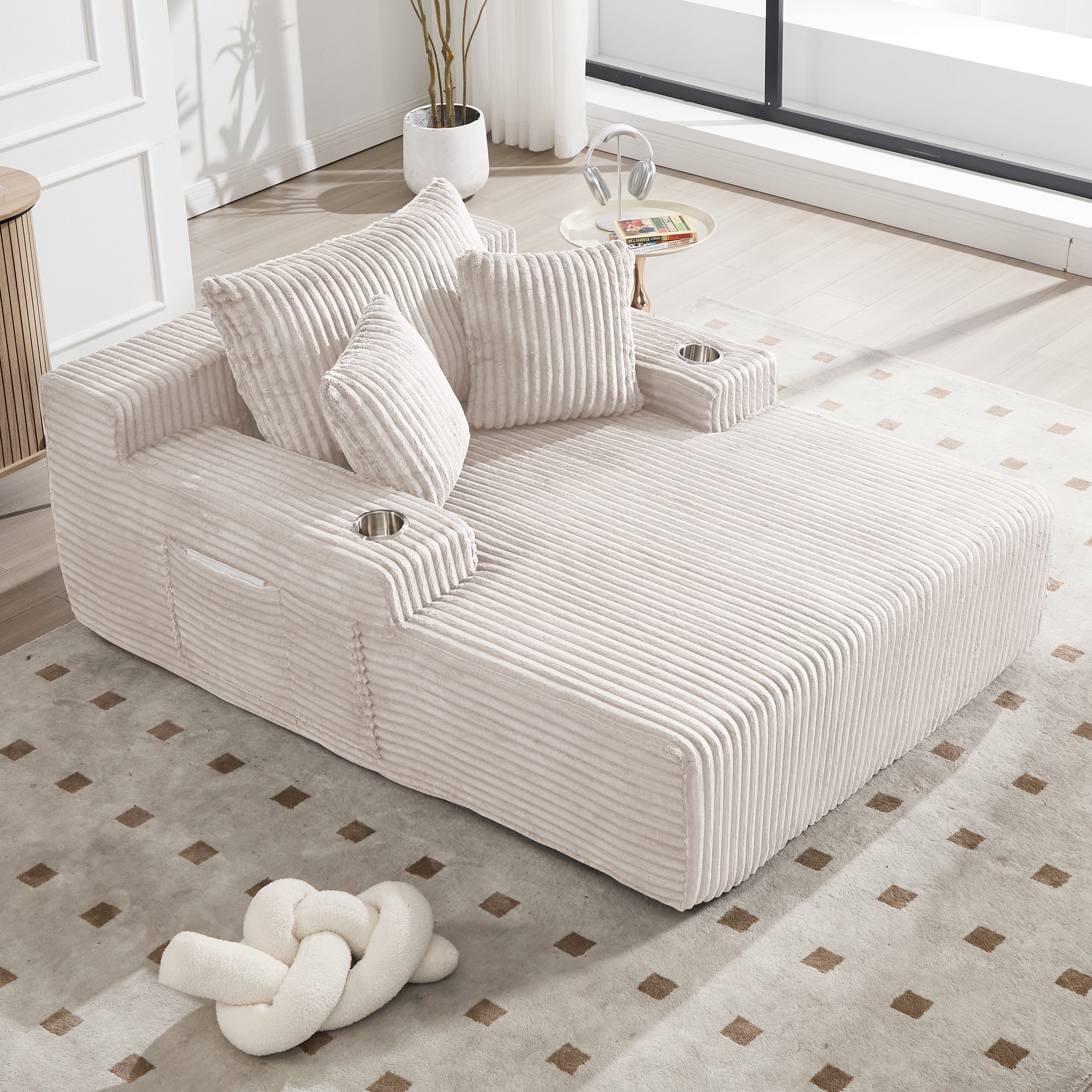 66' Chaise Lounge Chair Indoor, Oversized Corduroy Upholstered Boneless Sofa with USB&Type C, Deep Seat Sleeper Couch Reading Chairs with Pillows, Cloud Sofas Couches Living Room No Assembly Accent Chair