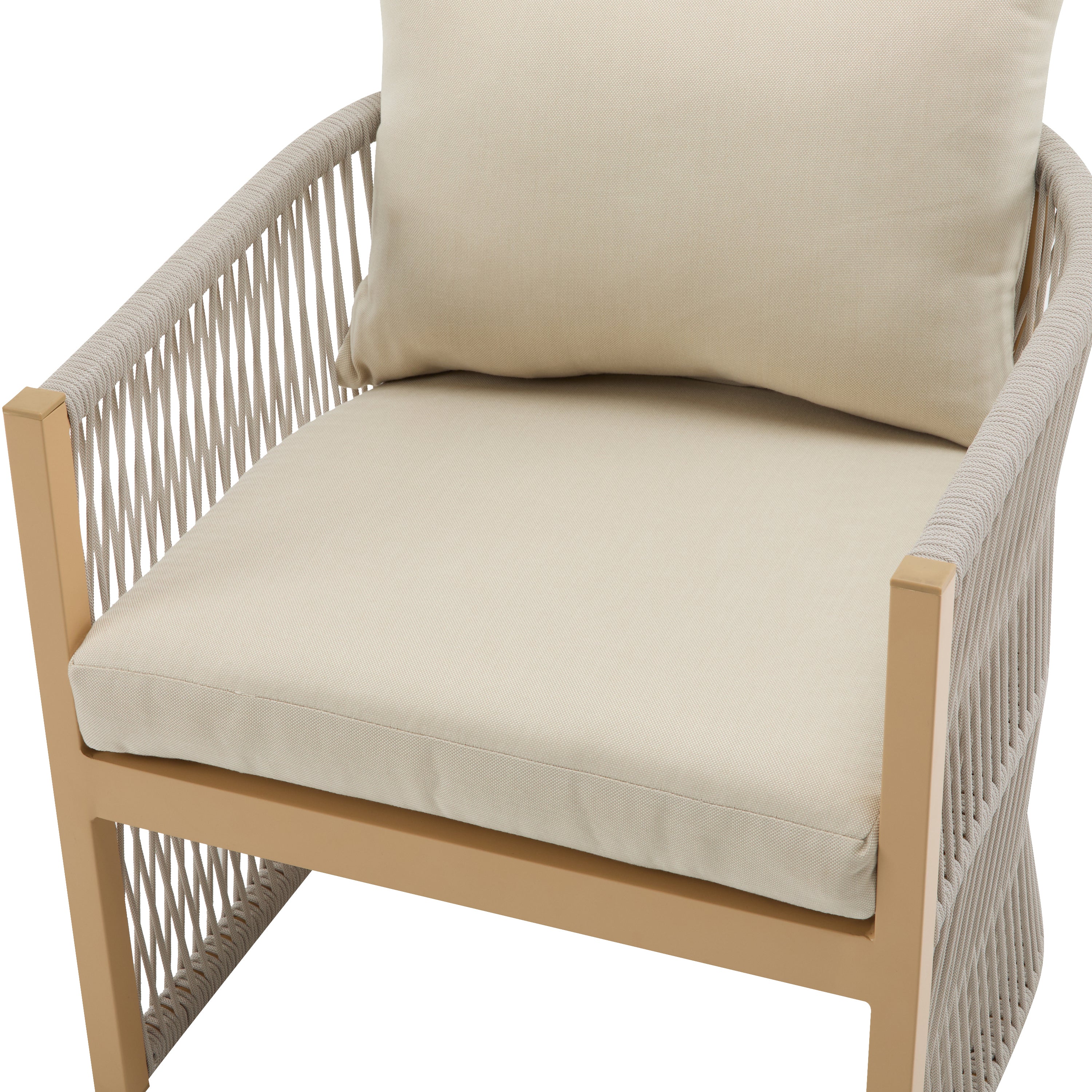 Modern Beige Curved Aluminum Lounge Chair with Stylish Rope-Weave Design and Cushioned Comfort, Perfect for Outdoor Living