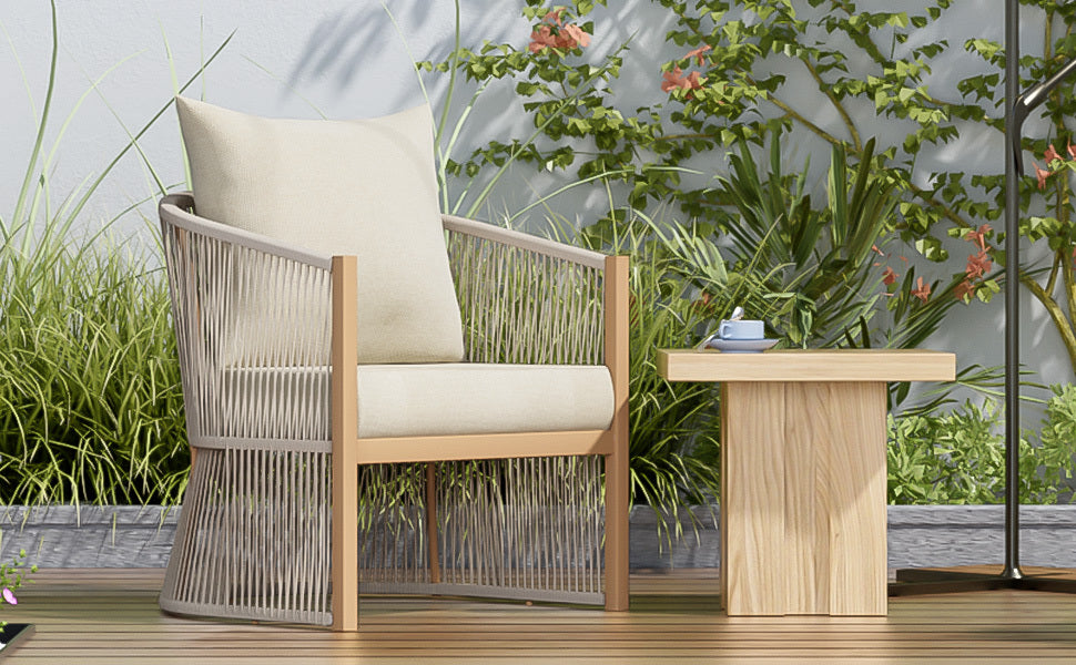 Modern Beige Curved Aluminum Lounge Chair with Stylish Rope-Weave Design and Cushioned Comfort, Perfect for Outdoor Living