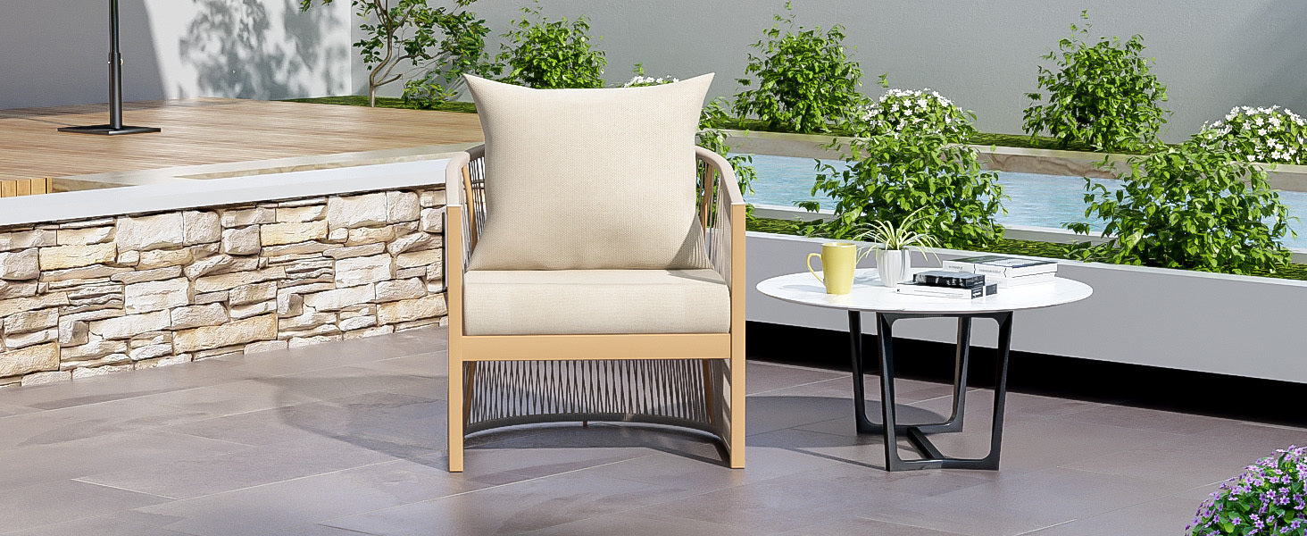 Modern Beige Curved Aluminum Lounge Chair with Stylish Rope-Weave Design and Cushioned Comfort, Perfect for Outdoor Living