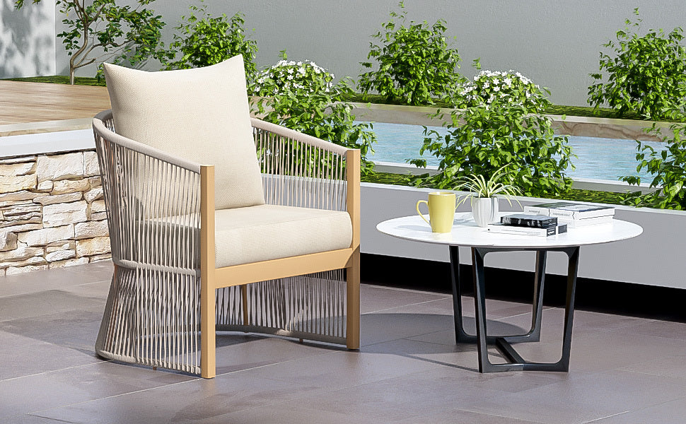 Modern Beige Curved Aluminum Lounge Chair with Stylish Rope-Weave Design and Cushioned Comfort, Perfect for Outdoor Living
