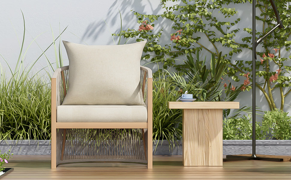 Modern Beige Curved Aluminum Lounge Chair with Stylish Rope-Weave Design and Cushioned Comfort, Perfect for Outdoor Living