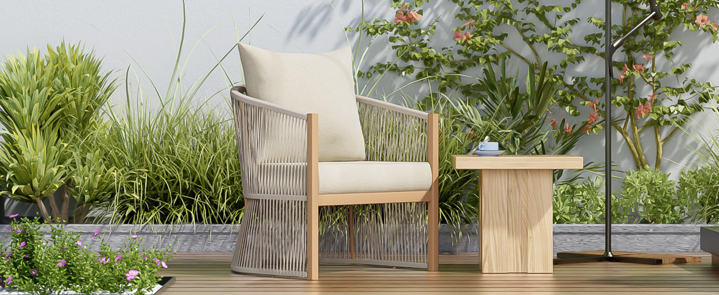 Modern Beige Curved Aluminum Lounge Chair with Stylish Rope-Weave Design and Cushioned Comfort, Perfect for Outdoor Living
