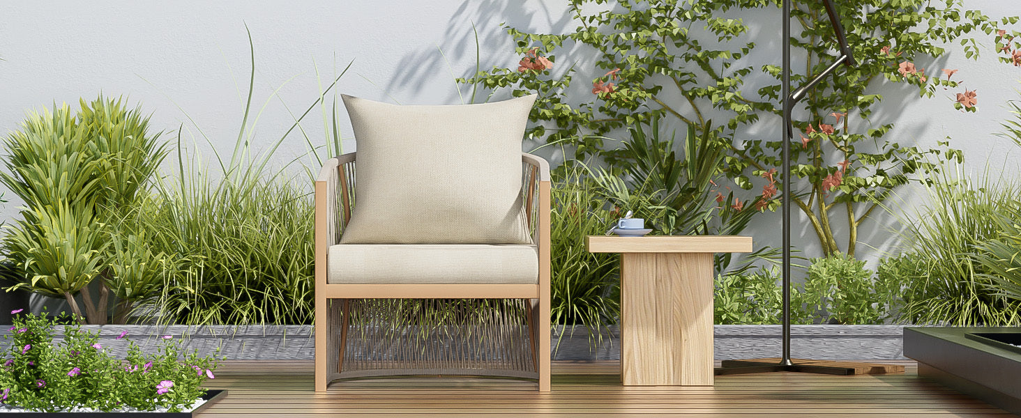 Modern Beige Curved Aluminum Lounge Chair with Stylish Rope-Weave Design and Cushioned Comfort, Perfect for Outdoor Living
