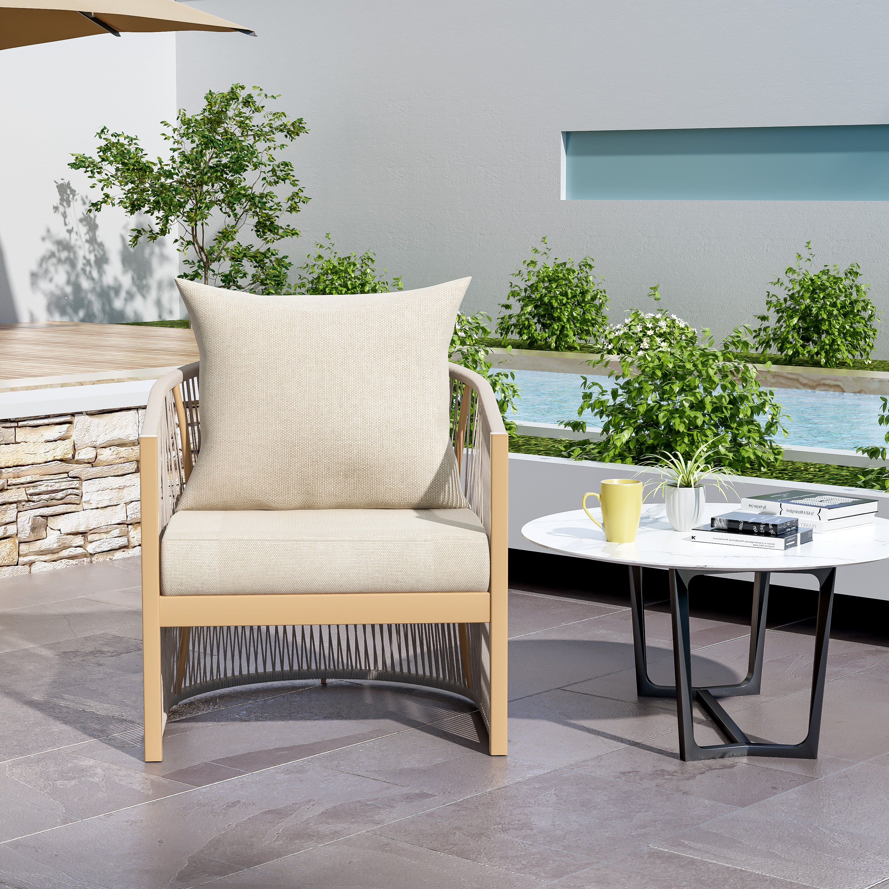 Modern Beige Curved Aluminum Lounge Chair with Stylish Rope-Weave Design and Cushioned Comfort, Perfect for Outdoor Living