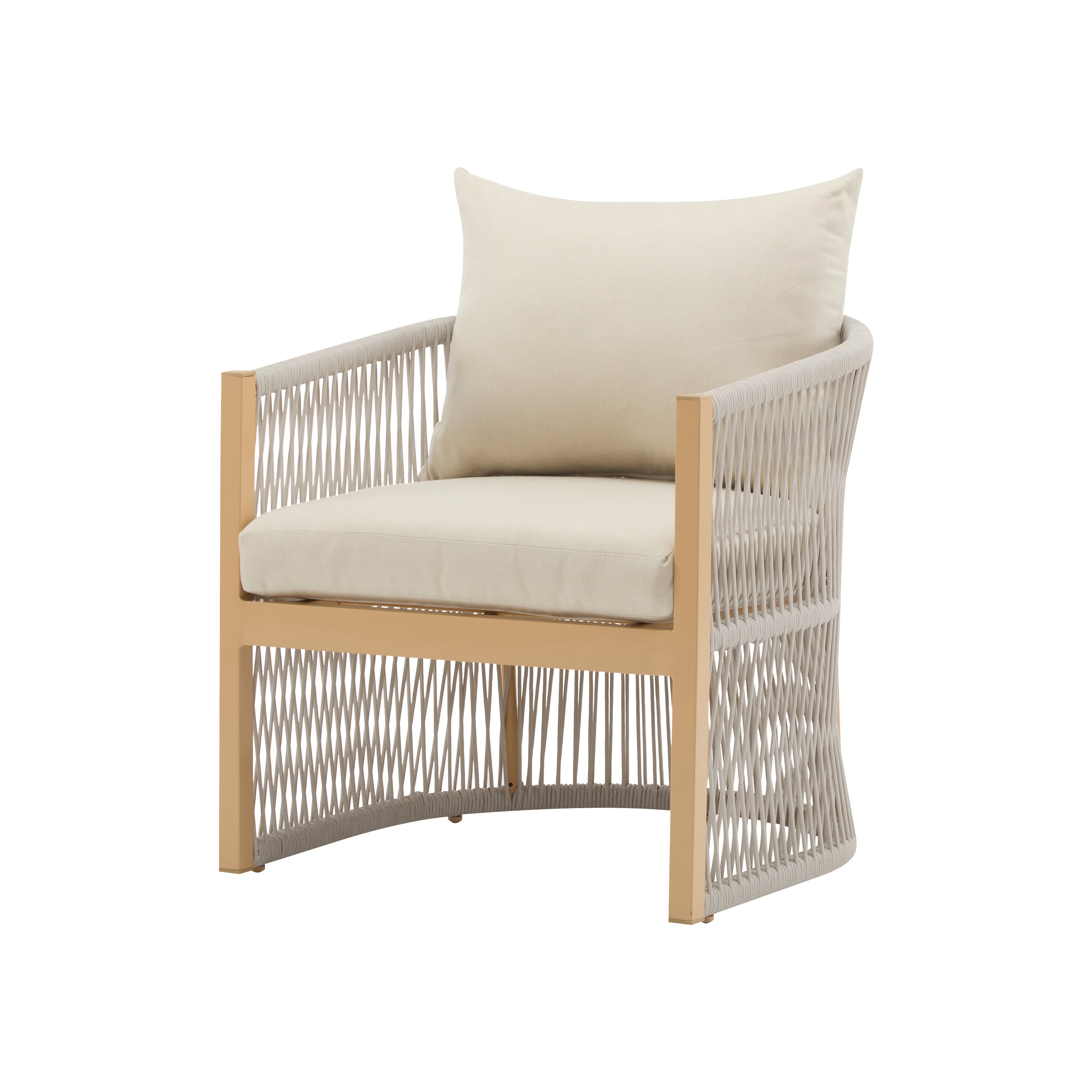 Modern Beige Curved Aluminum Lounge Chair with Stylish Rope-Weave Design and Cushioned Comfort, Perfect for Outdoor Living