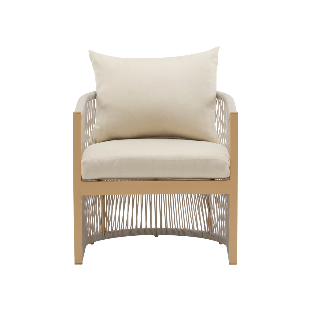 Modern Beige Curved Aluminum Lounge Chair with Stylish Rope-Weave Design and Cushioned Comfort, Perfect for Outdoor Living