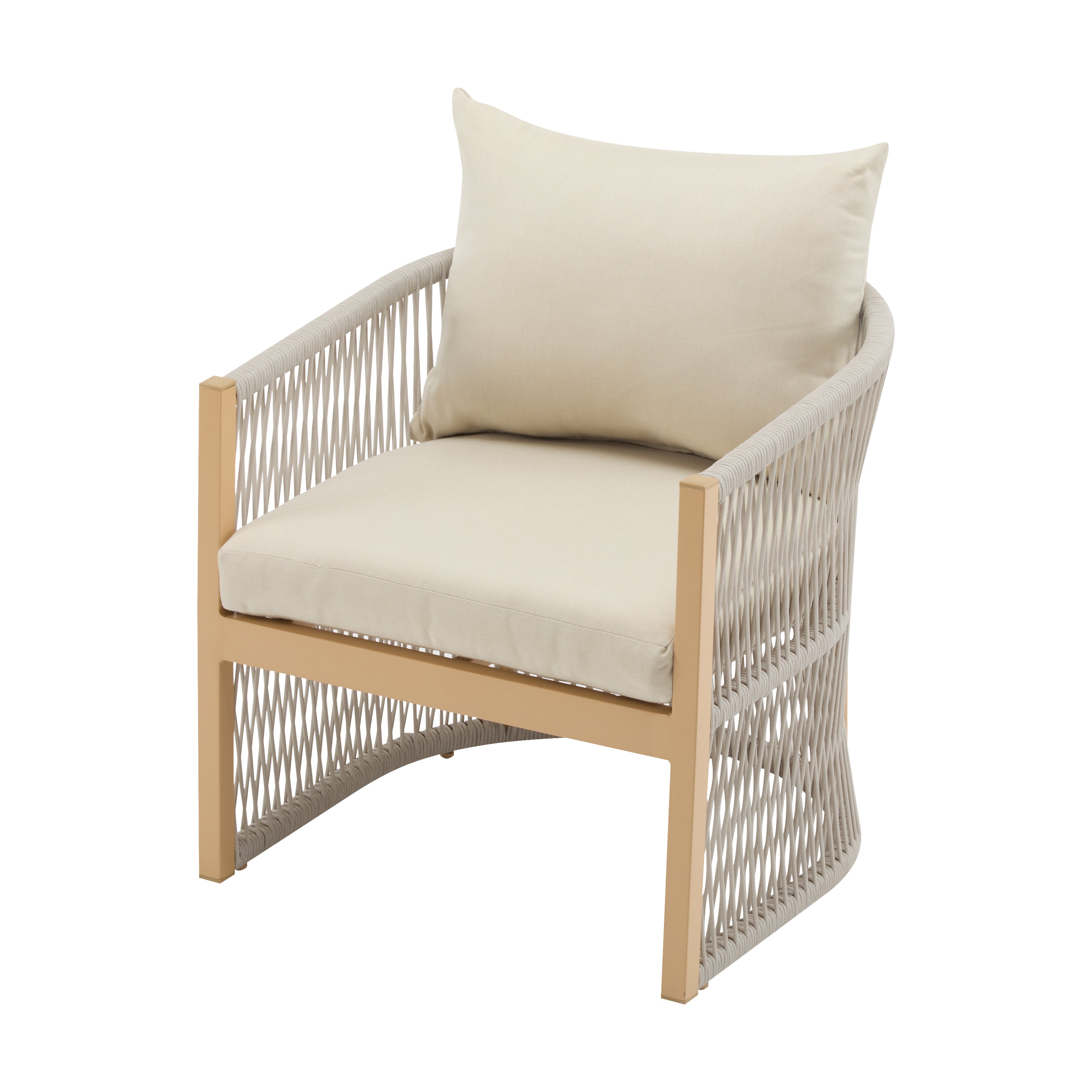 Modern Beige Curved Aluminum Lounge Chair with Stylish Rope-Weave Design and Cushioned Comfort, Perfect for Outdoor Living