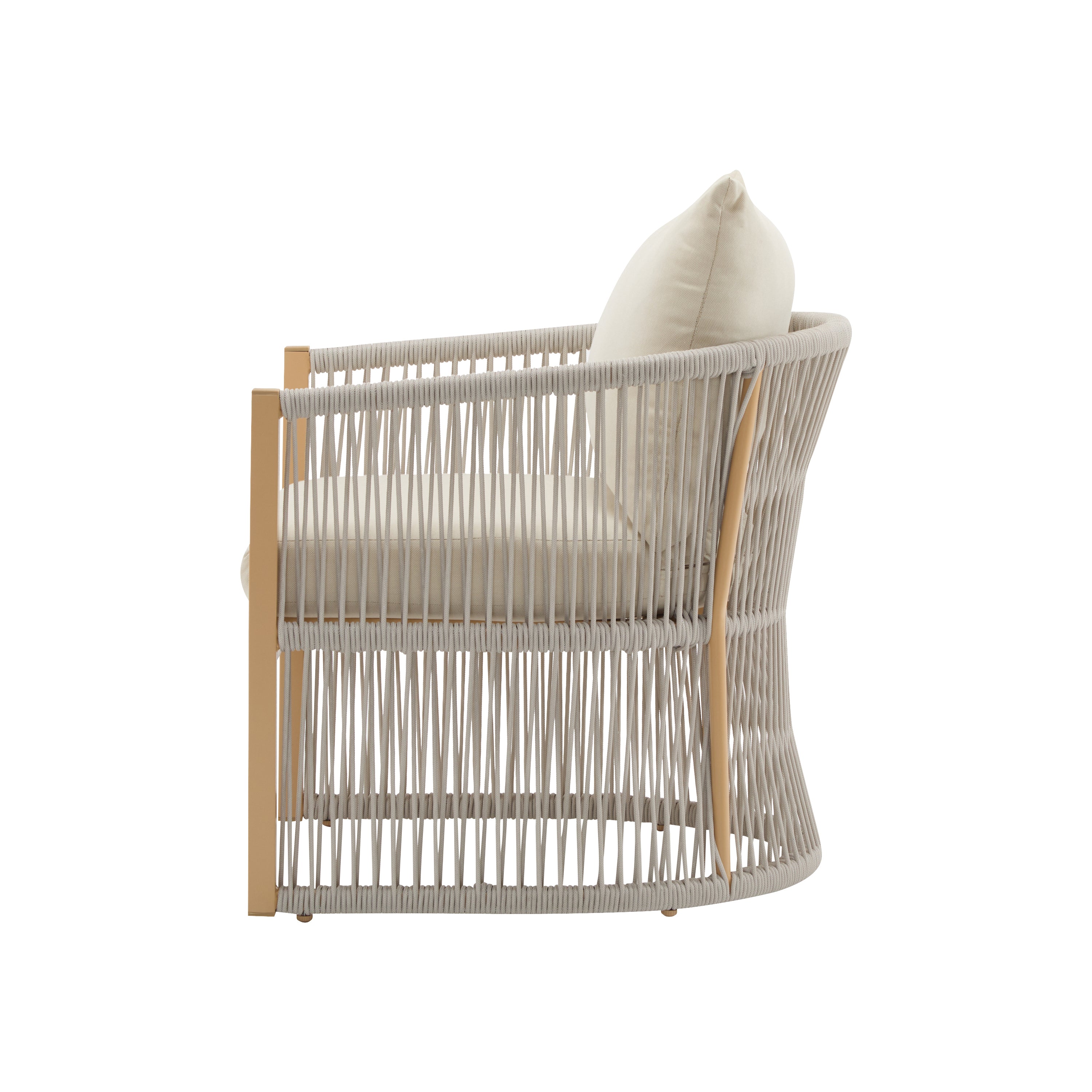 Modern Beige Curved Aluminum Lounge Chair with Stylish Rope-Weave Design and Cushioned Comfort, Perfect for Outdoor Living