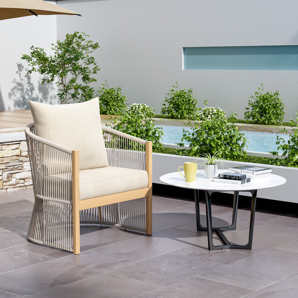 Modern Beige Curved Aluminum Lounge Chair with Stylish Rope-Weave Design and Cushioned Comfort, Perfect for Outdoor Living