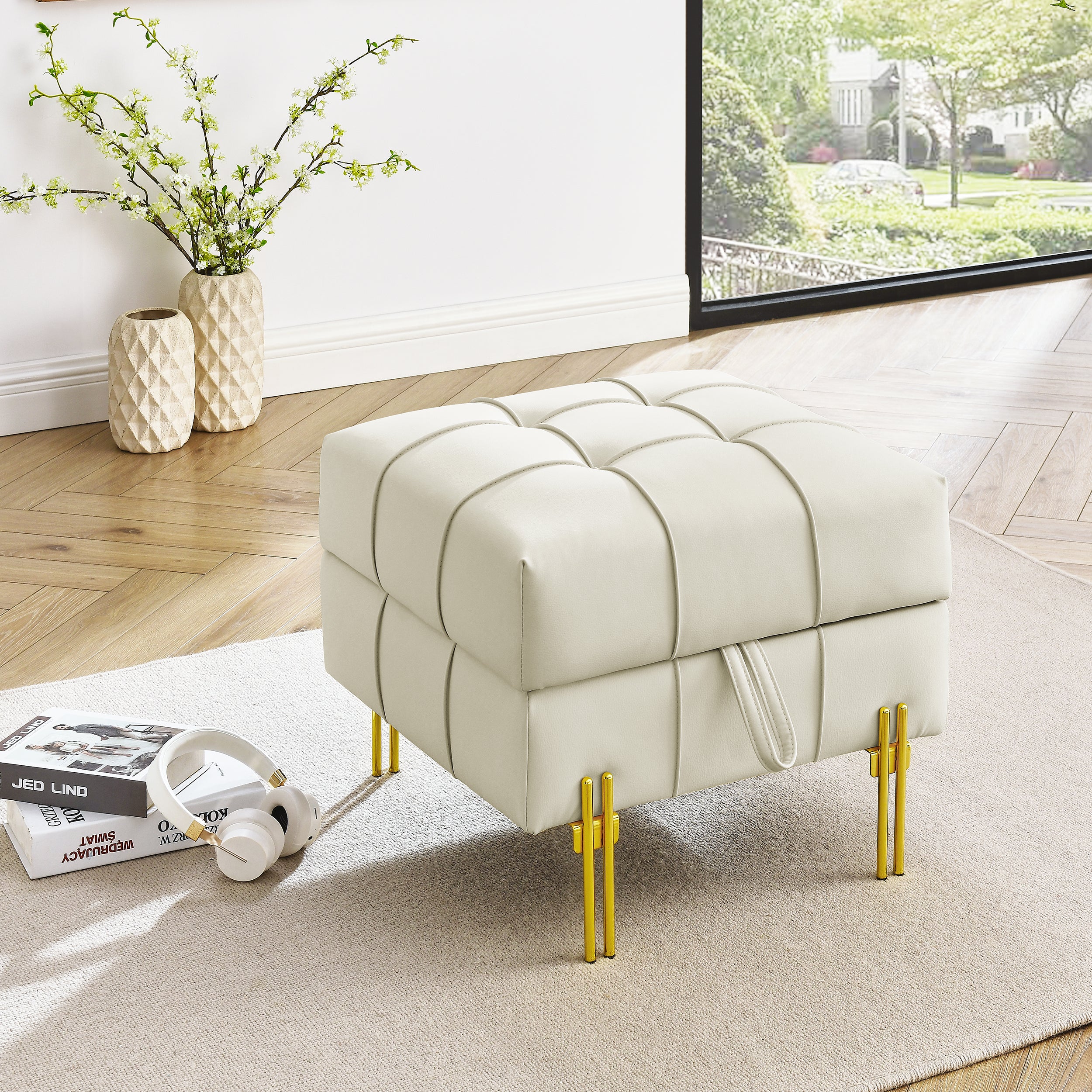 22 inches Anti-scratch Leather Storage Ottoman, Pet Friendly Entryway Bench with Golden Stainless Steel Legs, Beige - Groovy Boardz
