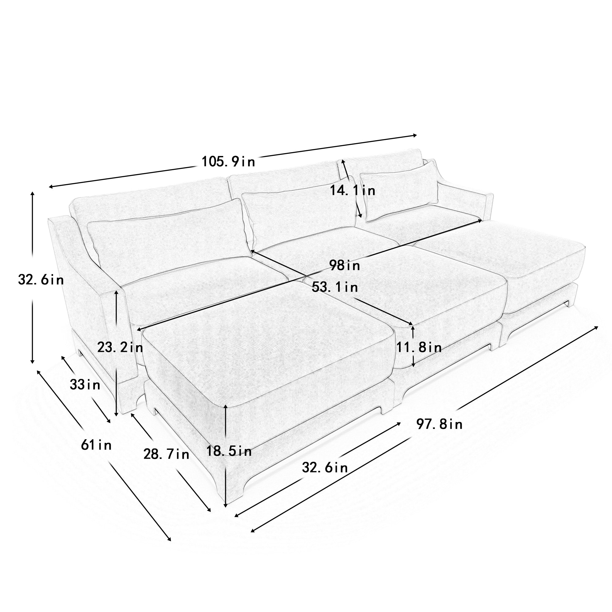 Three - seater sofa, 3 movable ottomans, equipped with lumbar pillow,Chenille fabric, high quality wooden base, ergonomic design, high - resilience sponge, easy to install, Suits studies, Beige