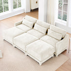 Three - seater sofa, 3 movable ottomans, equipped with lumbar pillow,Chenille fabric, high quality wooden base, ergonomic design, high - resilience sponge, easy to install, Suits studies, Beige
