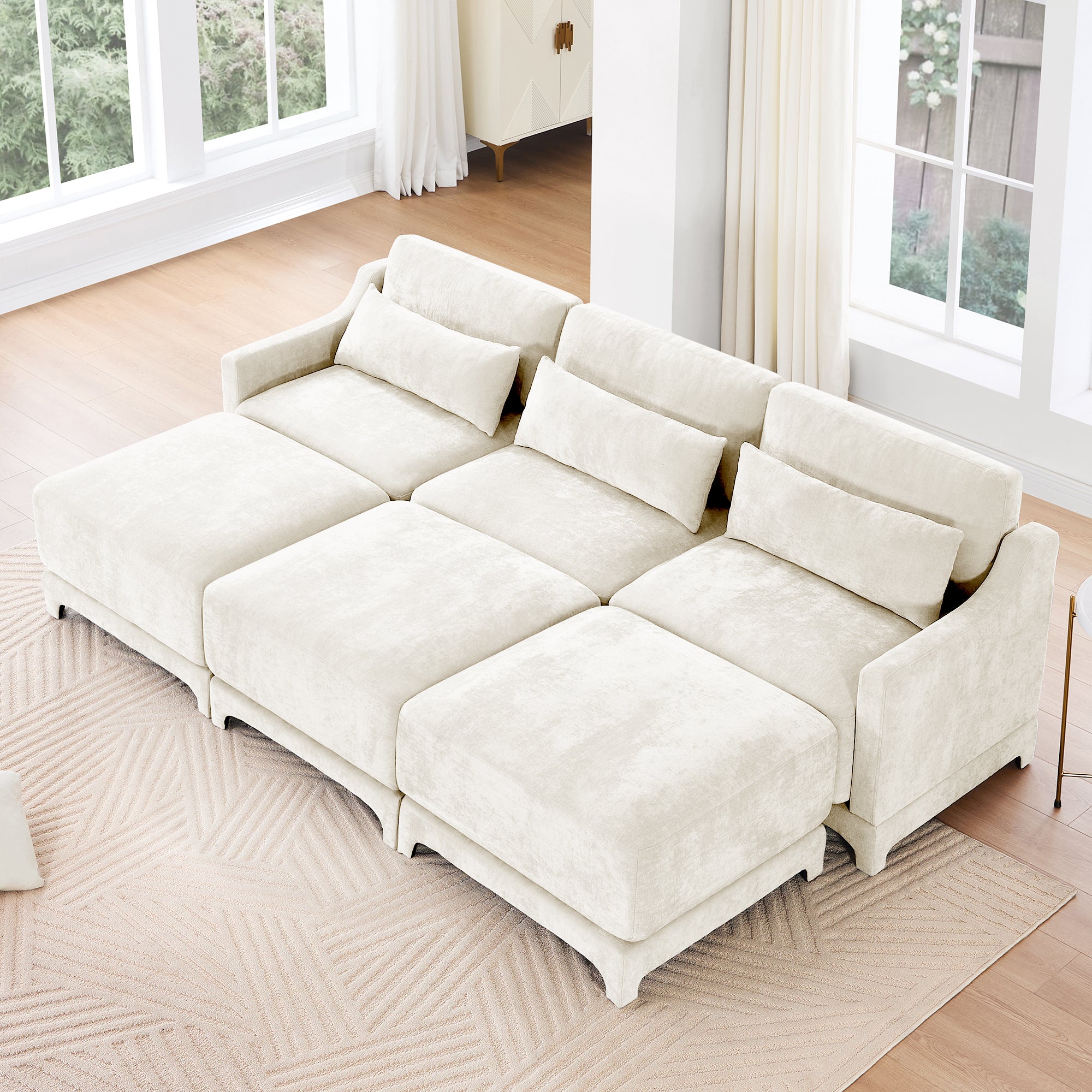 Three - seater sofa, 3 movable ottomans, equipped with lumbar pillow,Chenille fabric, high quality wooden base, ergonomic design, high - resilience sponge, easy to install, Suits studies, Beige