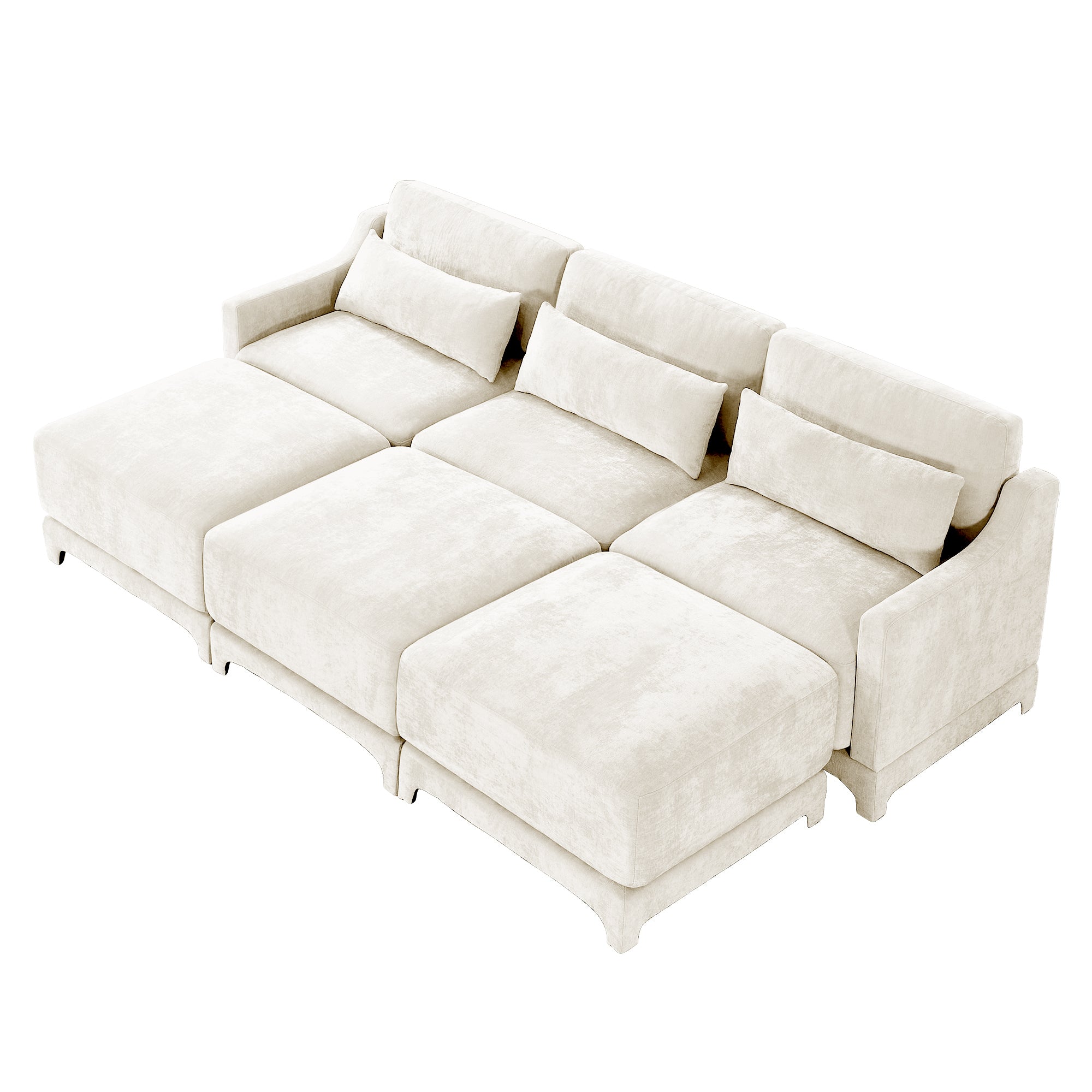 Three - seater sofa, 3 movable ottomans, equipped with lumbar pillow,Chenille fabric, high quality wooden base, ergonomic design, high - resilience sponge, easy to install, Suits studies, Beige