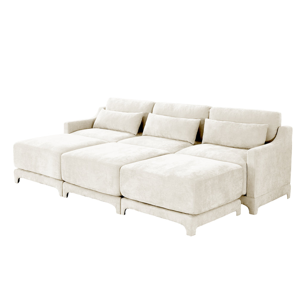 Three - seater sofa, 3 movable ottomans, equipped with lumbar pillow,Chenille fabric, high quality wooden base, ergonomic design, high - resilience sponge, easy to install, Suits studies, Beige