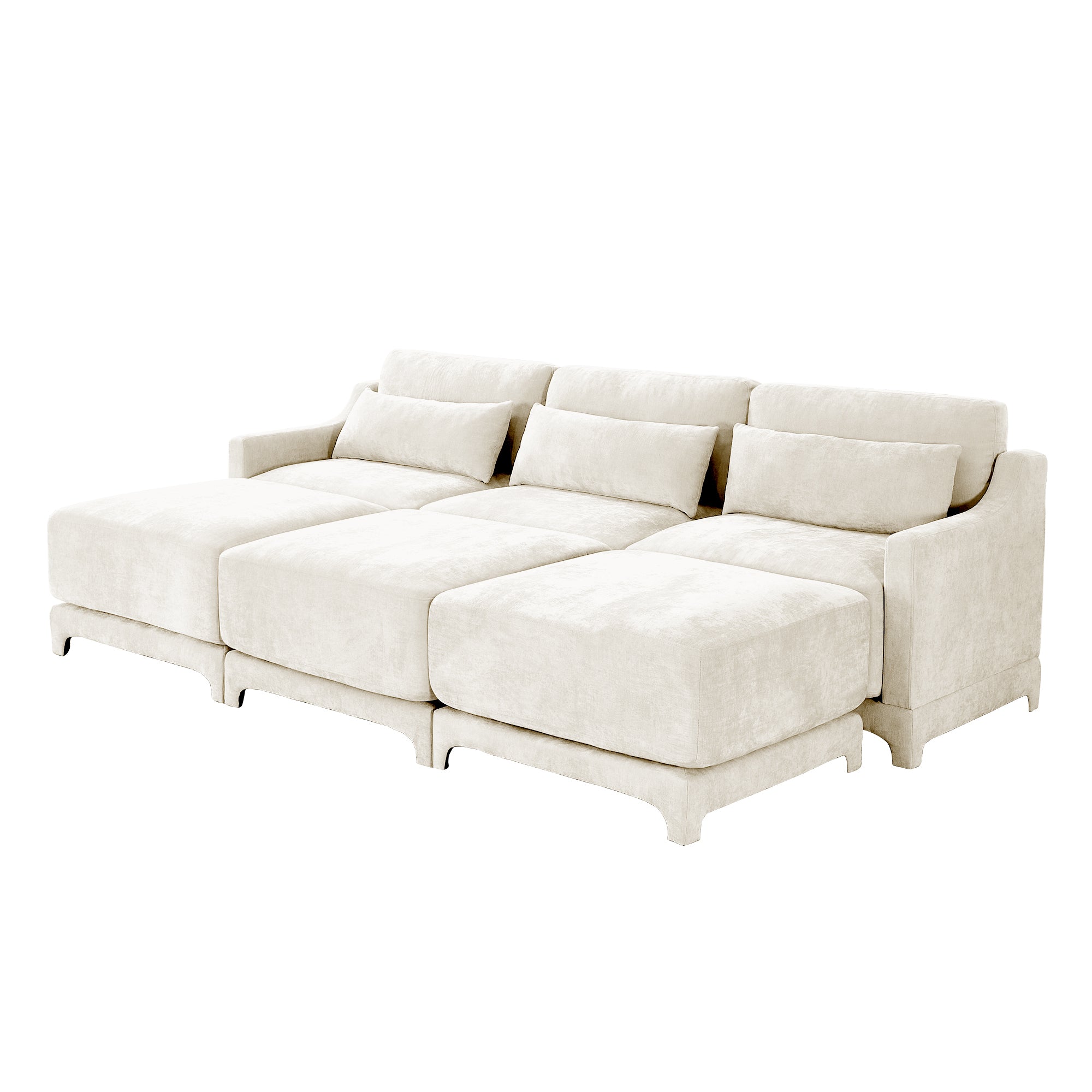 Three - seater sofa, 3 movable ottomans, equipped with lumbar pillow,Chenille fabric, high quality wooden base, ergonomic design, high - resilience sponge, easy to install, Suits studies, Beige