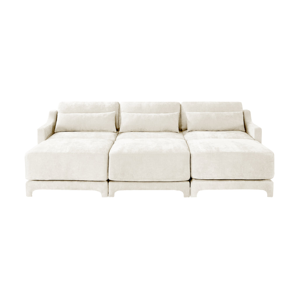Three - seater sofa, 3 movable ottomans, equipped with lumbar pillow,Chenille fabric, high quality wooden base, ergonomic design, high - resilience sponge, easy to install, Suits studies, Beige