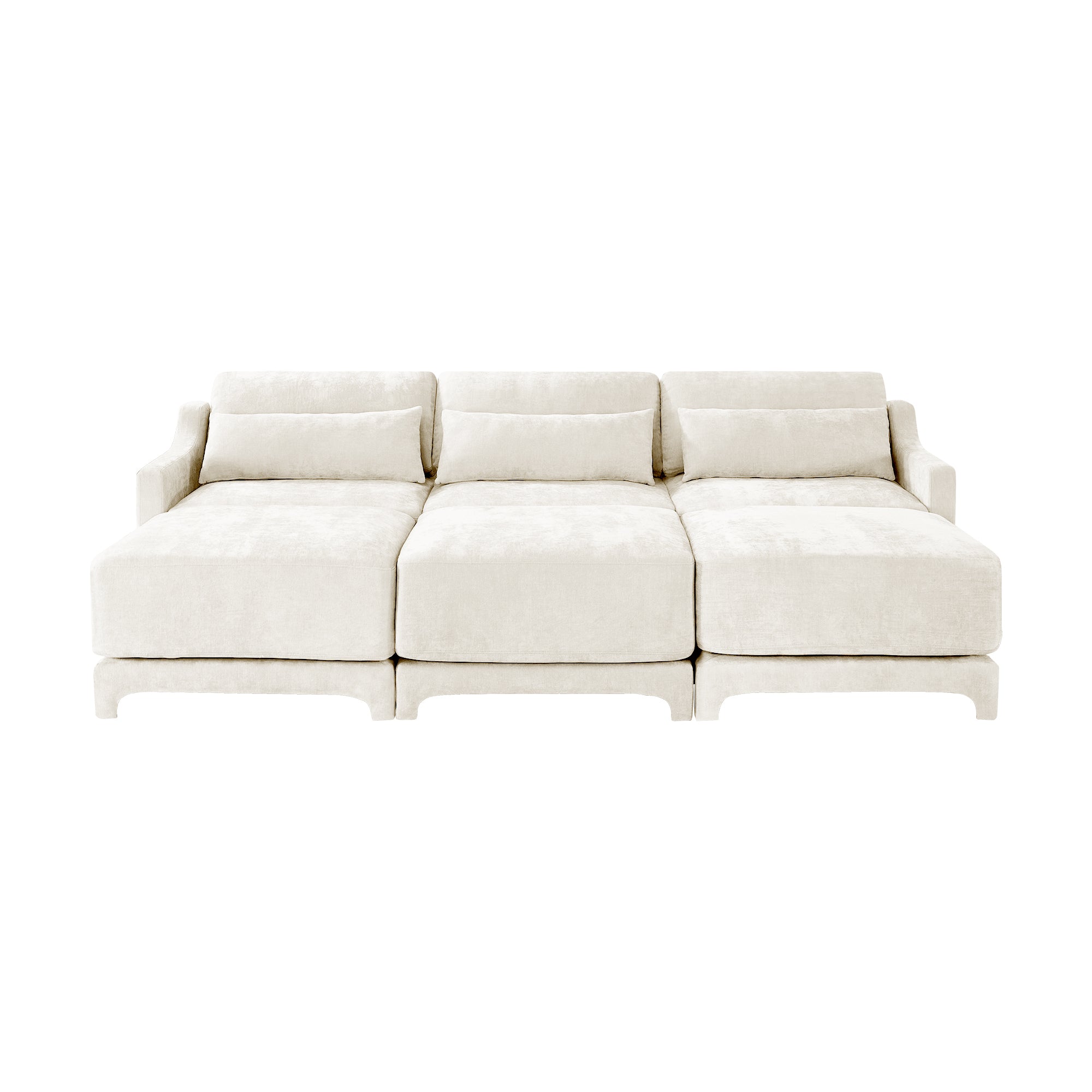 Three - seater sofa, 3 movable ottomans, equipped with lumbar pillow,Chenille fabric, high quality wooden base, ergonomic design, high - resilience sponge, easy to install, Suits studies, Beige