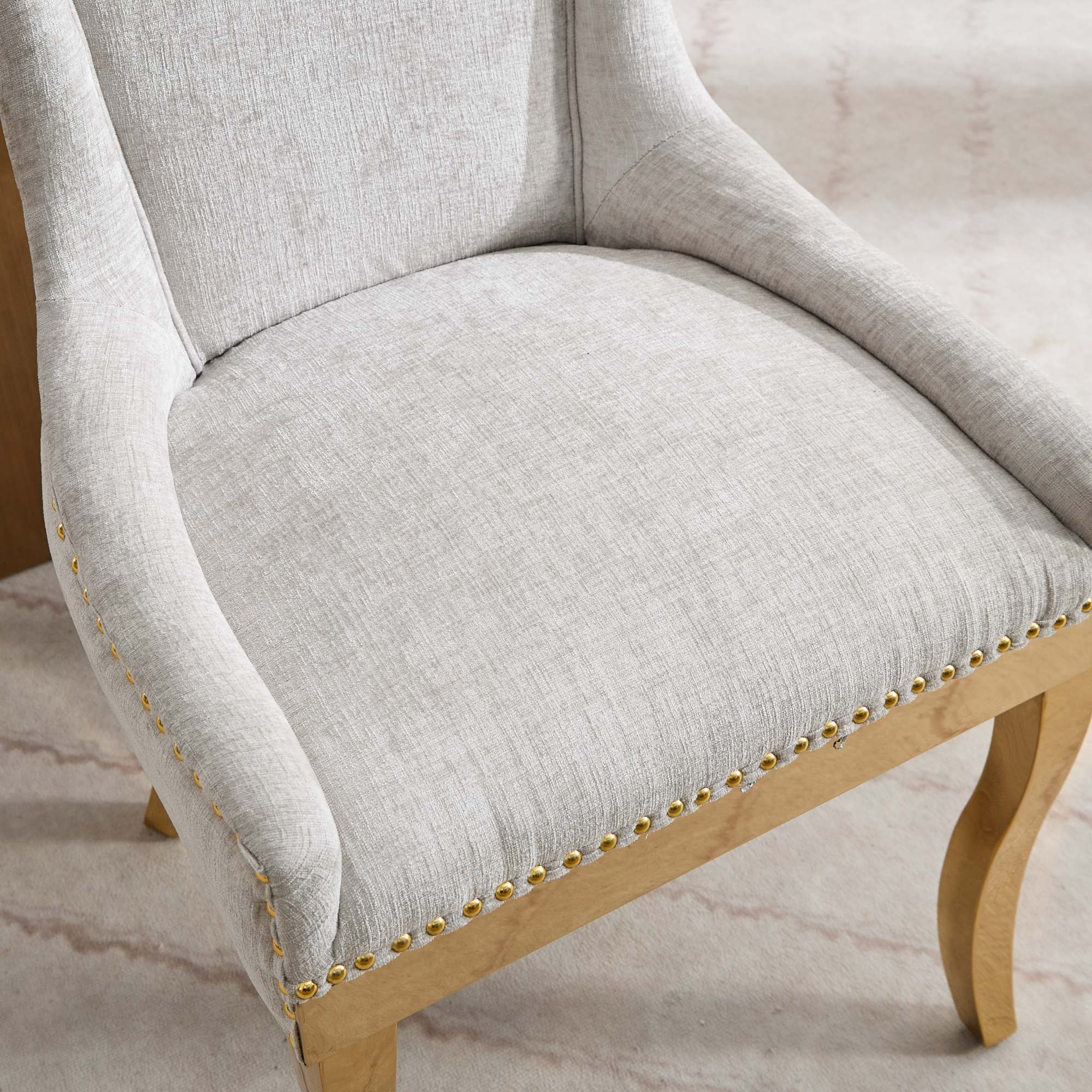Chenille Dining Chairs, Modern Style with Curved Gold - Plated Legs & Rivet Trim, Upholstered Comfort for Dining/Lounge, Accent Seating with Textured Fabric & One - Piece Structure, Beige,Set of 2