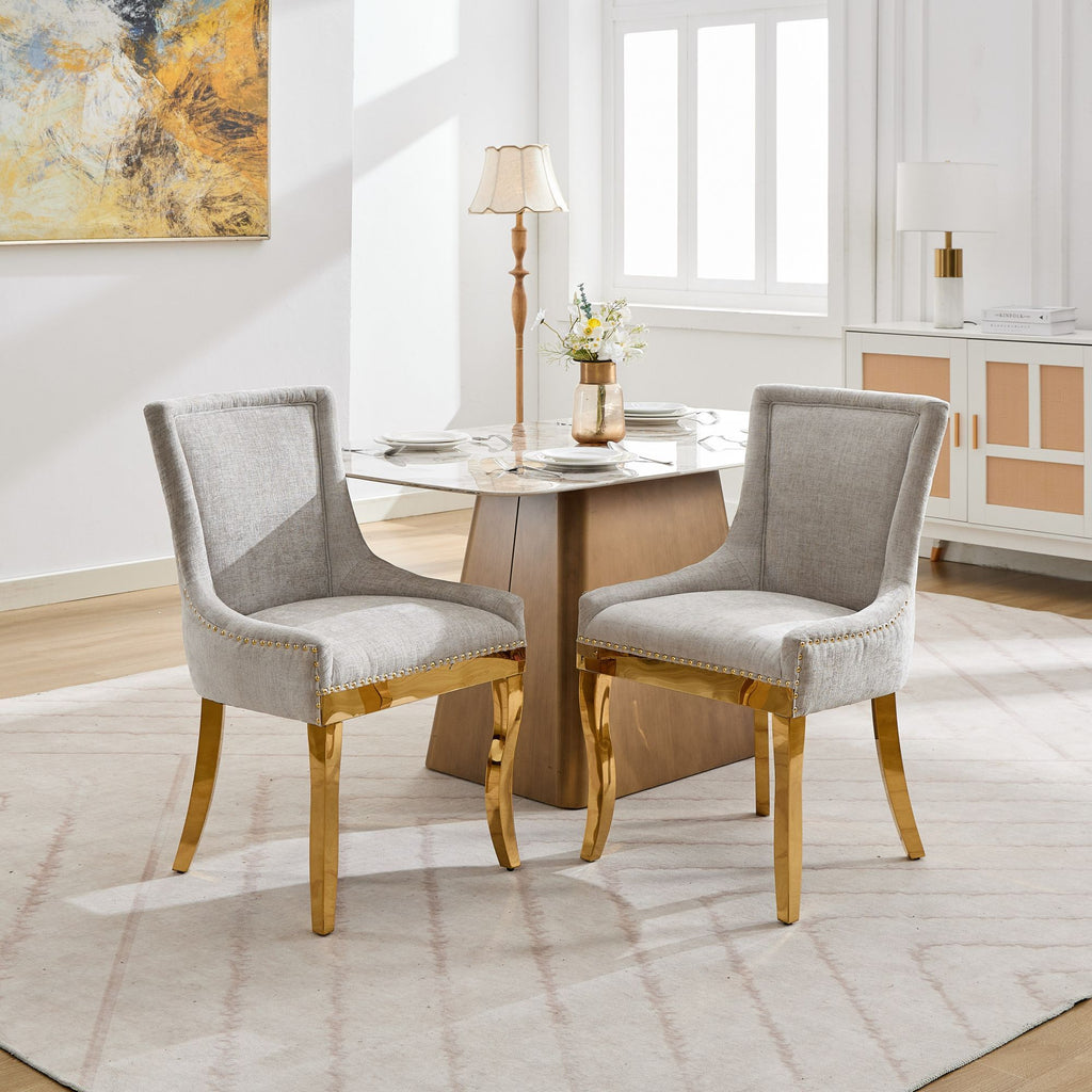 Chenille Dining Chairs, Modern Style with Curved Gold - Plated Legs & Rivet Trim, Upholstered Comfort for Dining/Lounge, Accent Seating with Textured Fabric & One - Piece Structure, Beige,Set of 2