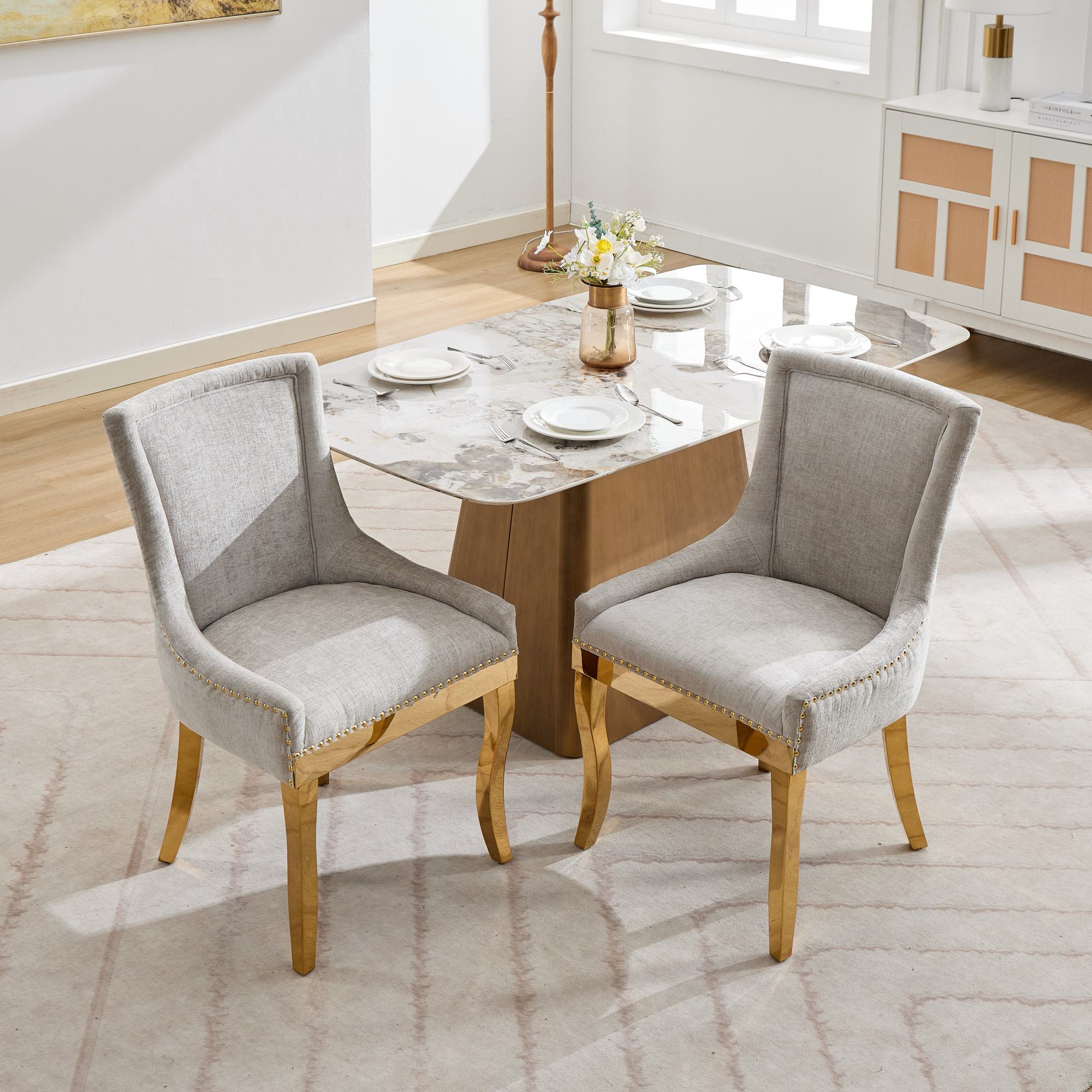 Chenille Dining Chairs, Modern Style with Curved Gold - Plated Legs & Rivet Trim, Upholstered Comfort for Dining/Lounge, Accent Seating with Textured Fabric & One - Piece Structure, Beige,Set of 2