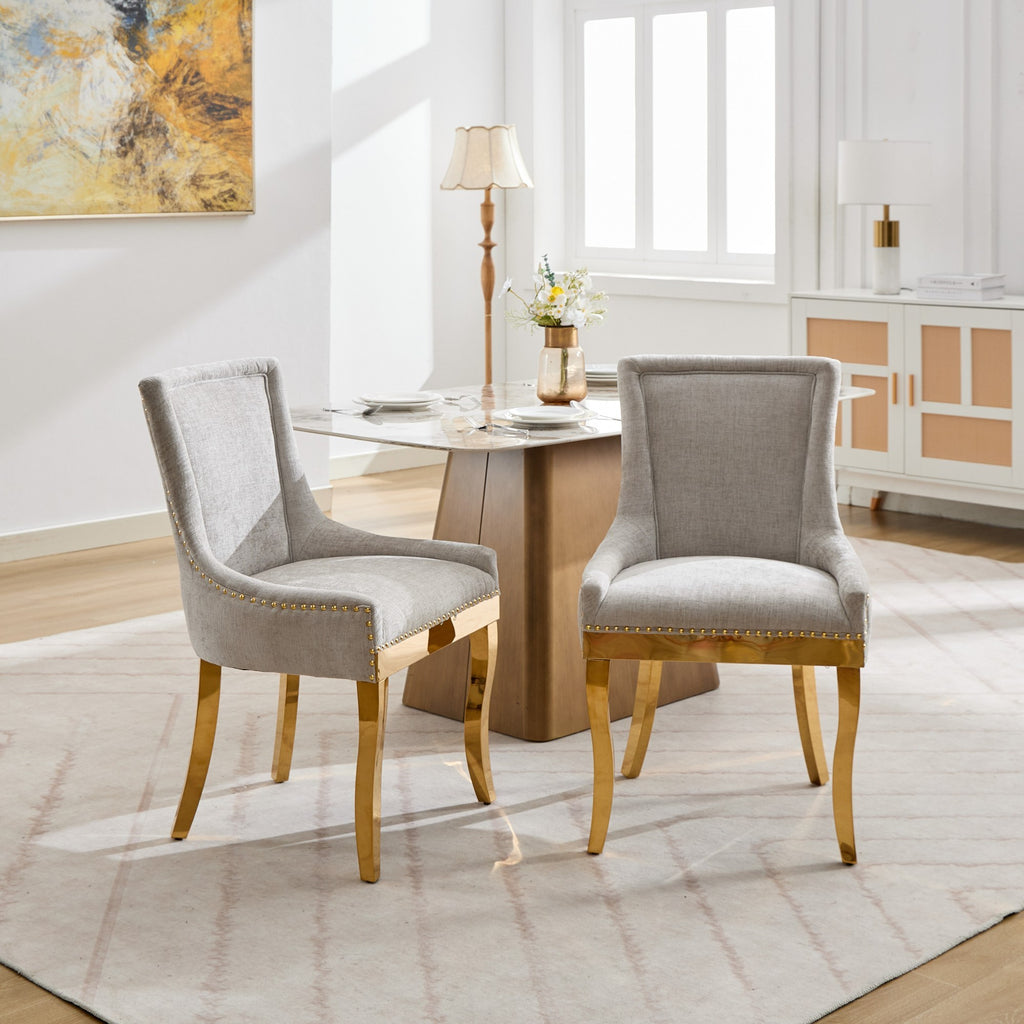 Chenille Dining Chairs, Modern Style with Curved Gold - Plated Legs & Rivet Trim, Upholstered Comfort for Dining/Lounge, Accent Seating with Textured Fabric & One - Piece Structure, Beige,Set of 2