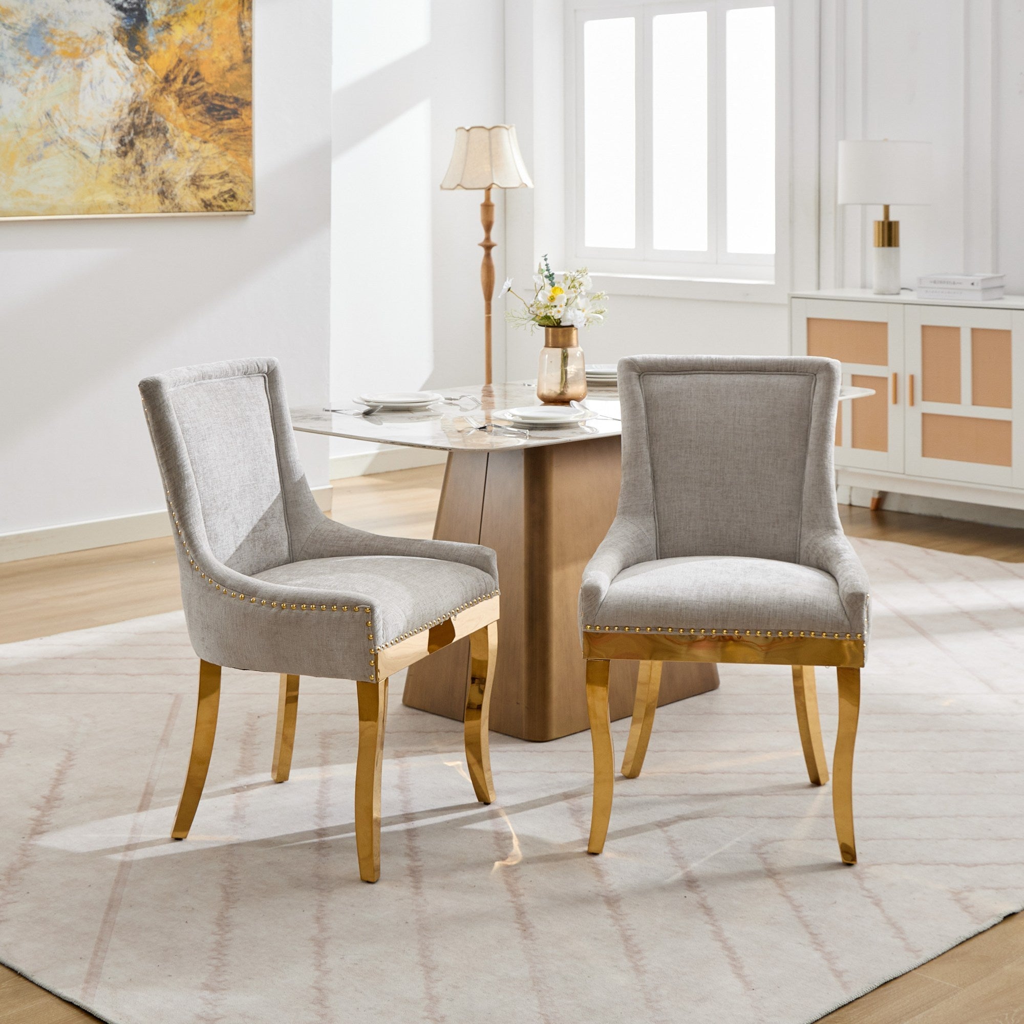 Chenille Dining Chairs, Modern Style with Curved Gold - Plated Legs & Rivet Trim, Upholstered Comfort for Dining/Lounge, Accent Seating with Textured Fabric & One - Piece Structure, Beige,Set of 2