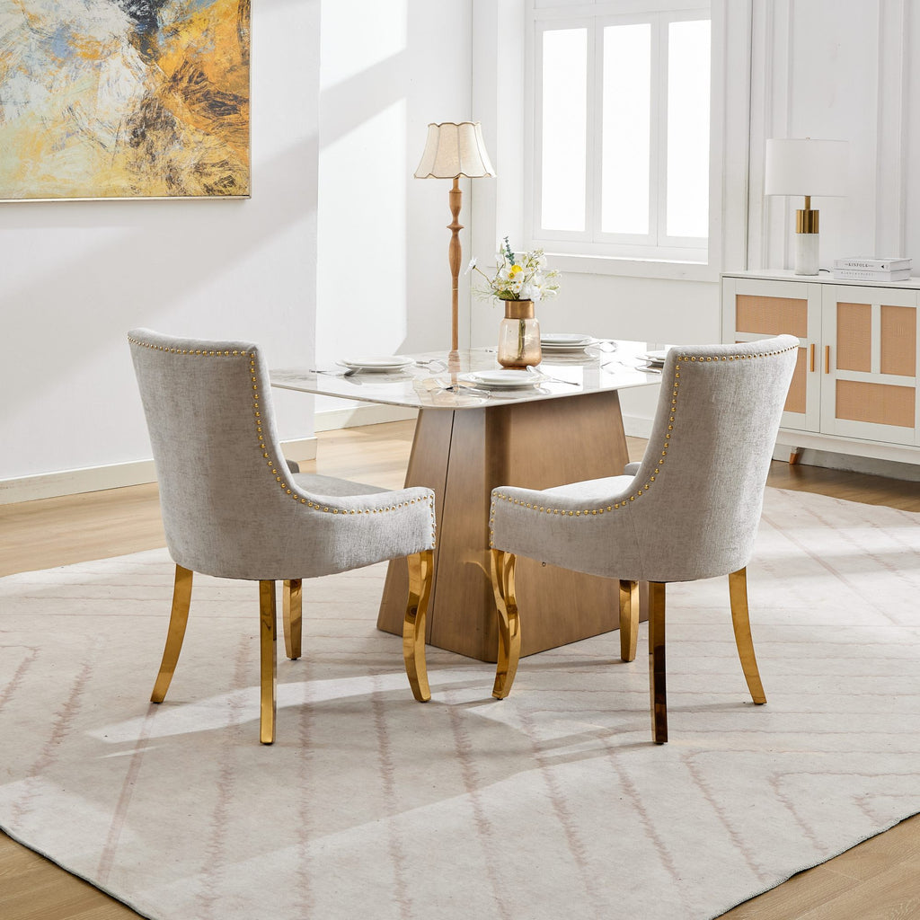 Chenille Dining Chairs, Modern Style with Curved Gold - Plated Legs & Rivet Trim, Upholstered Comfort for Dining/Lounge, Accent Seating with Textured Fabric & One - Piece Structure, Beige,Set of 2