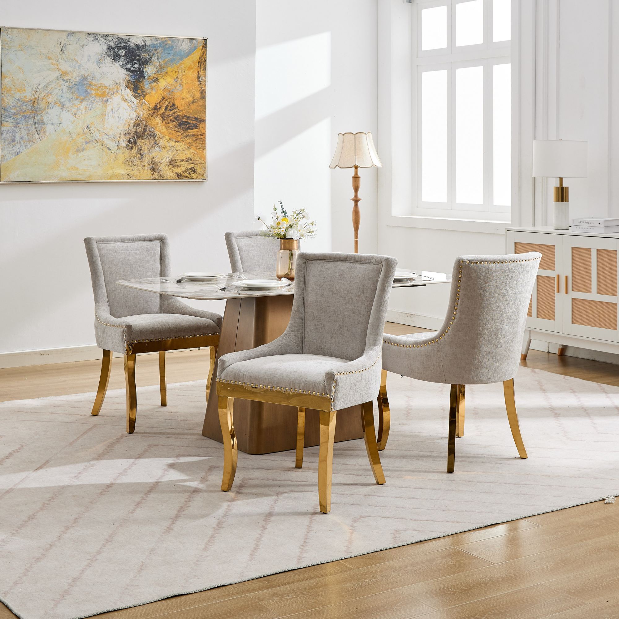 Chenille Dining Chairs, Modern Style with Curved Gold - Plated Legs & Rivet Trim, Upholstered Comfort for Dining/Lounge, Accent Seating with Textured Fabric & One - Piece Structure, Beige,Set of 2