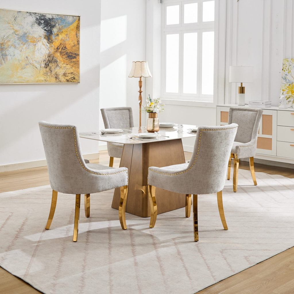 Chenille Dining Chairs, Modern Style with Curved Gold - Plated Legs & Rivet Trim, Upholstered Comfort for Dining/Lounge, Accent Seating with Textured Fabric & One - Piece Structure, Beige,Set of 2