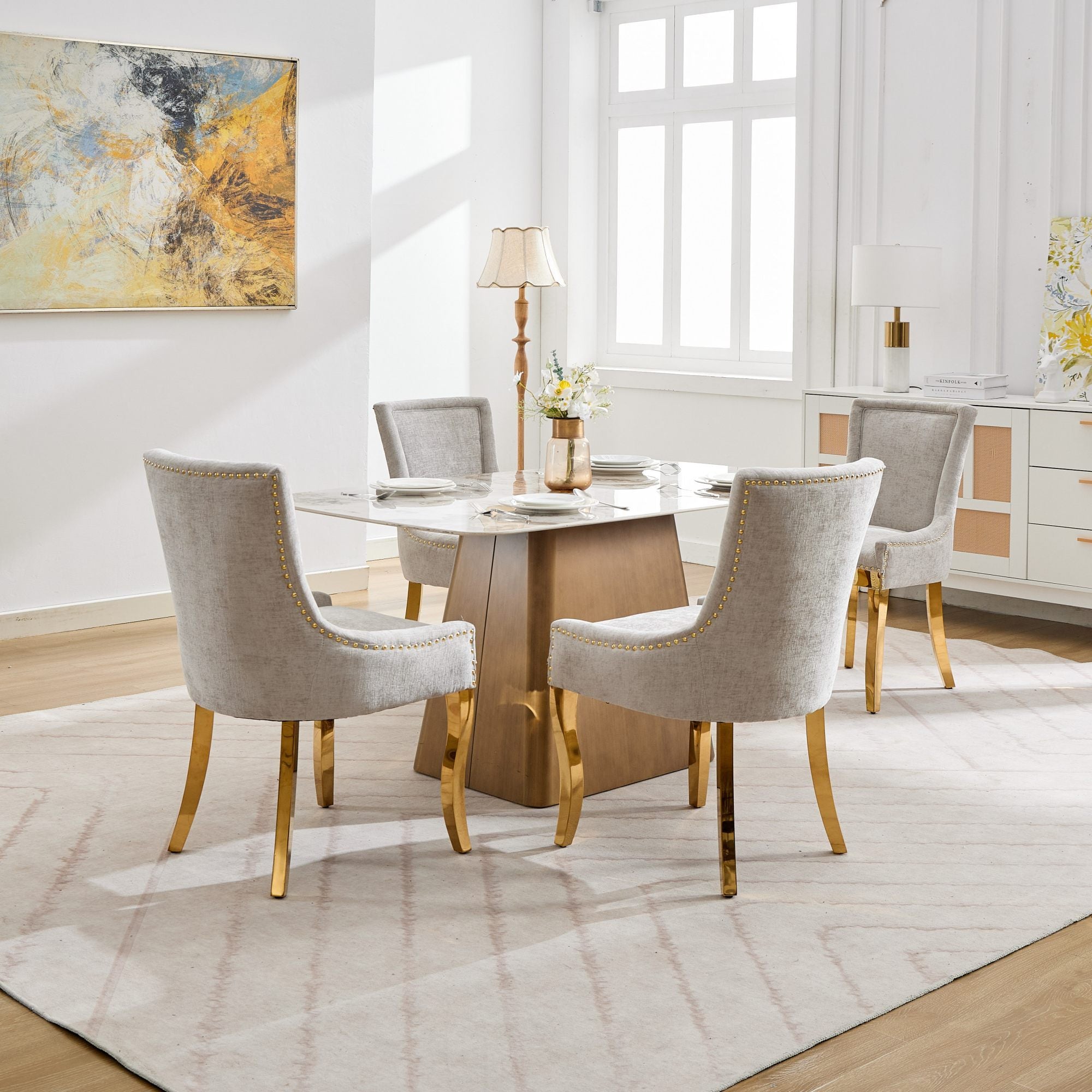 Chenille Dining Chairs, Modern Style with Curved Gold - Plated Legs & Rivet Trim, Upholstered Comfort for Dining/Lounge, Accent Seating with Textured Fabric & One - Piece Structure, Beige,Set of 2