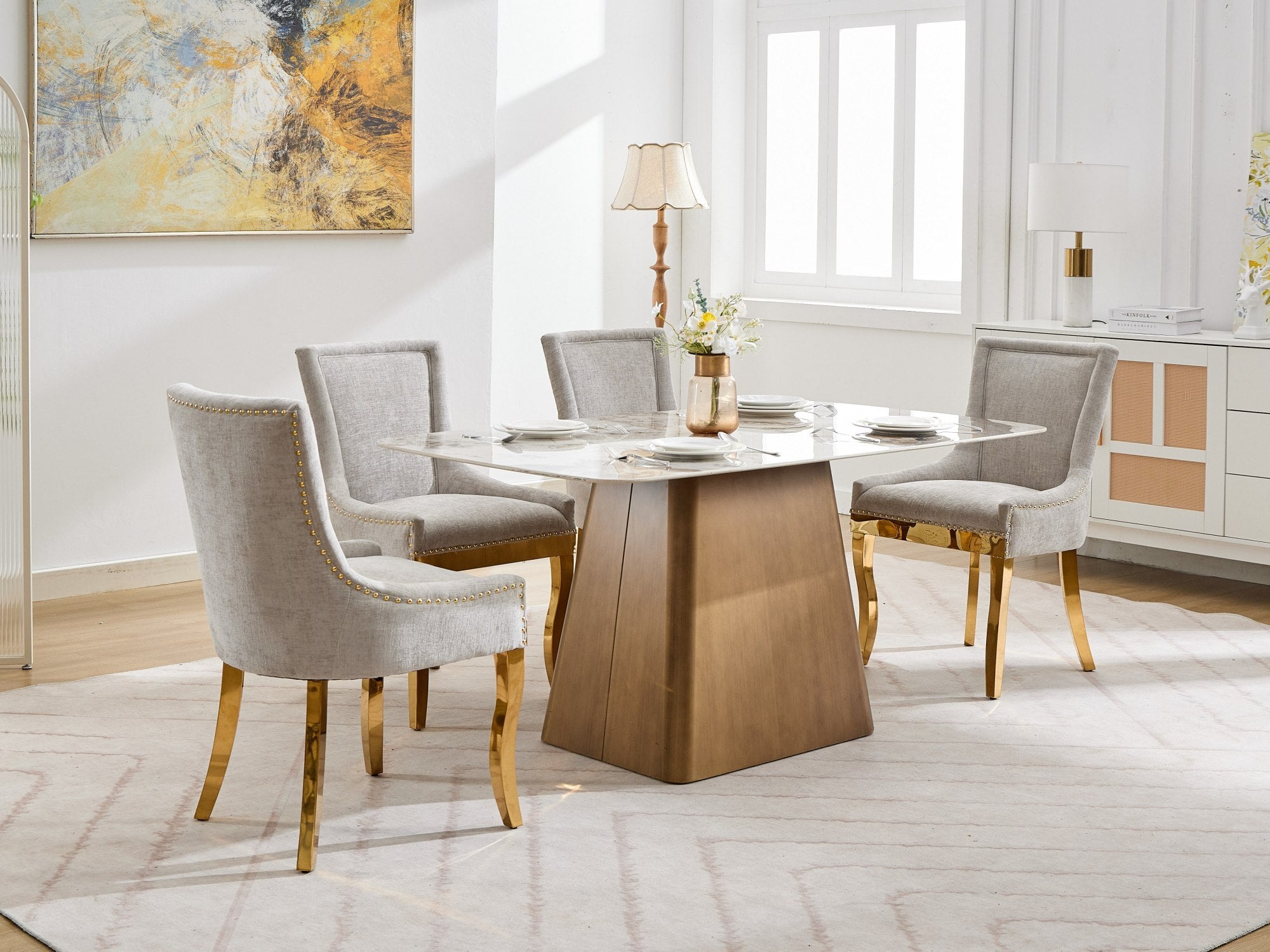 Chenille Dining Chairs, Modern Style with Curved Gold - Plated Legs & Rivet Trim, Upholstered Comfort for Dining/Lounge, Accent Seating with Textured Fabric & One - Piece Structure, Beige,Set of 2