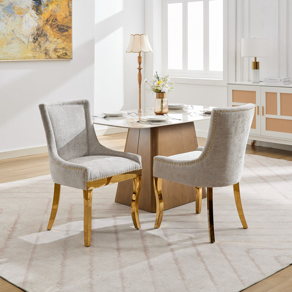 Chenille Dining Chairs, Modern Style with Curved Gold - Plated Legs & Rivet Trim, Upholstered Comfort for Dining/Lounge, Accent Seating with Textured Fabric & One - Piece Structure, Beige,Set of 2