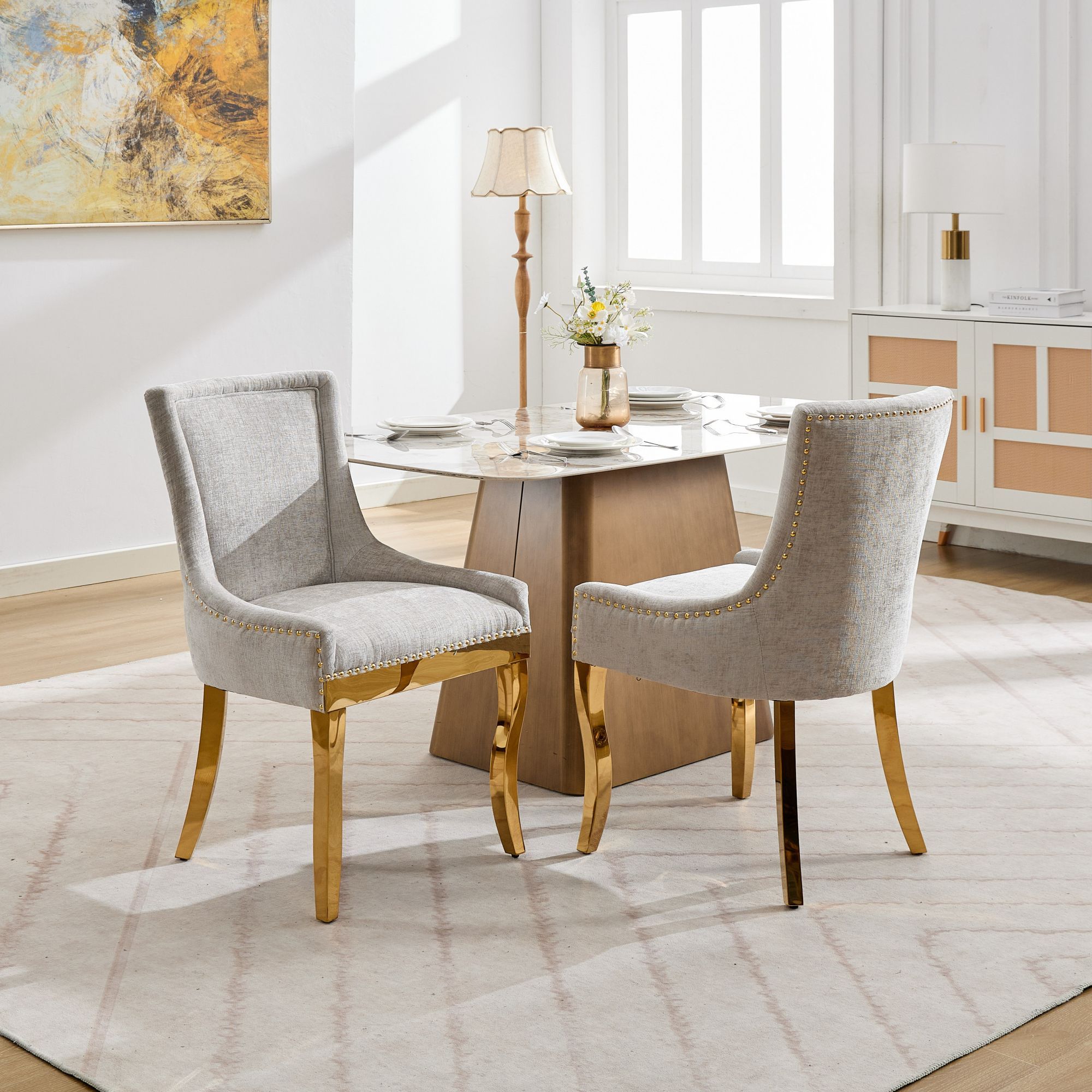 Chenille Dining Chairs, Modern Style with Curved Gold - Plated Legs & Rivet Trim, Upholstered Comfort for Dining/Lounge, Accent Seating with Textured Fabric & One - Piece Structure, Beige,Set of 2