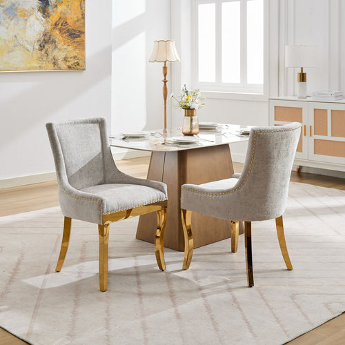 Chenille Dining Chairs, Modern Style with Curved Gold - Plated Legs & Rivet Trim, Upholstered Comfort for Dining/Lounge, Accent Seating with Textured Fabric & One - Piece Structure, Beige,Set of 2