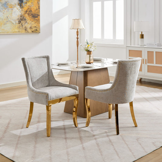 Chenille Dining Chairs, Modern Style with Curved Gold - Plated Legs & Rivet Trim, Upholstered Comfort for Dining/Lounge, Accent Seating with Textured Fabric & One - Piece Structure, Beige,Set of 2