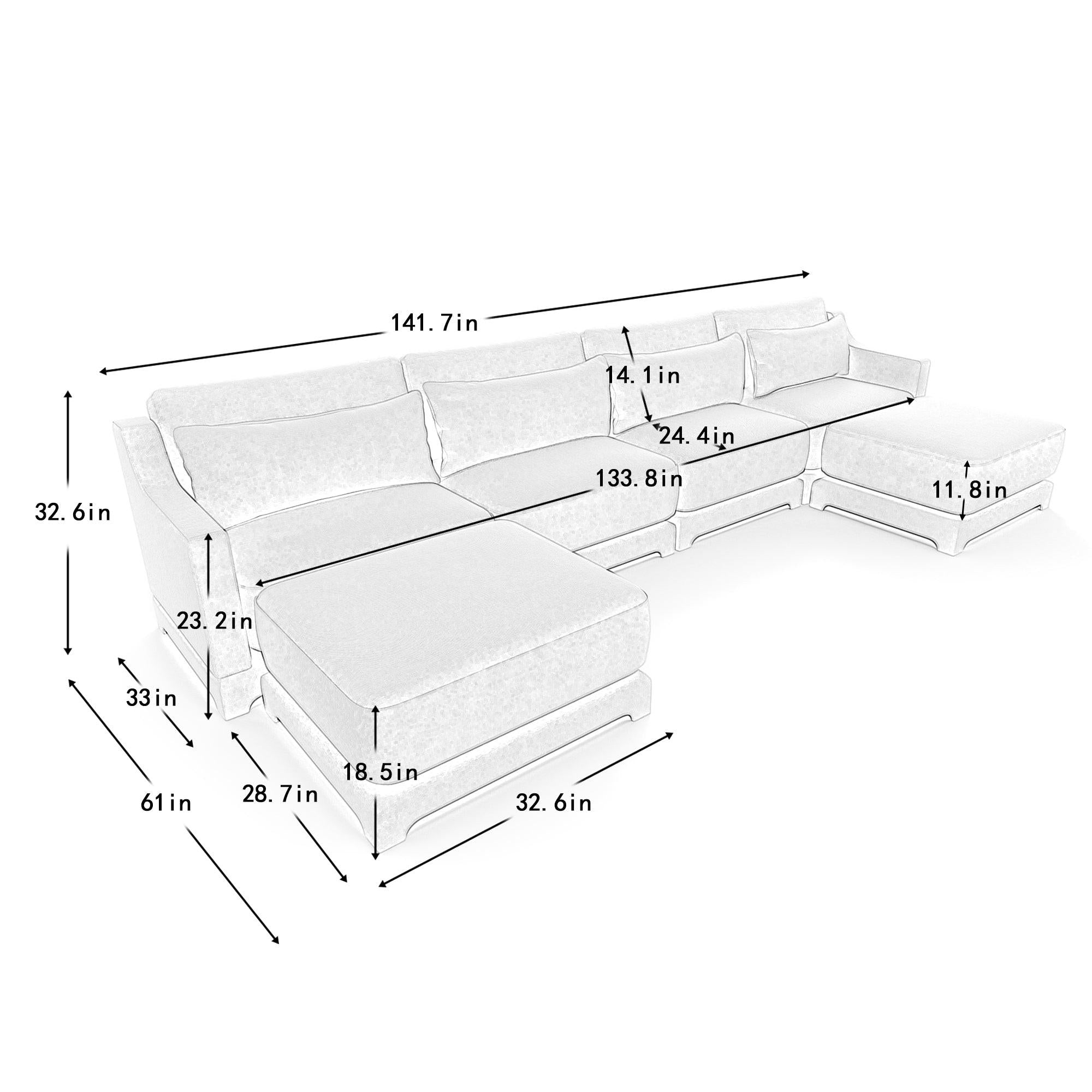 Beige Chenille Four-Seater Sofa with Ottoman Pillow.