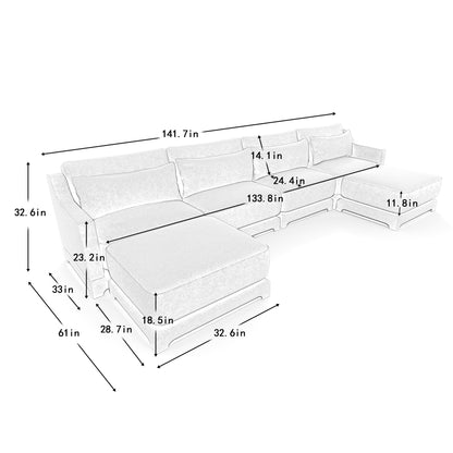 Four - seater sofa, 1 movable ottoman, lumbar pillow,Chenille fabric,solid wood frame, ergonomic,High - resilient sponge, elegant armrests, easy install. Suits living rooms, hotels, lounges,Beige