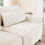Beige Chenille Four-Seater Sofa with Ottoman Pillow.