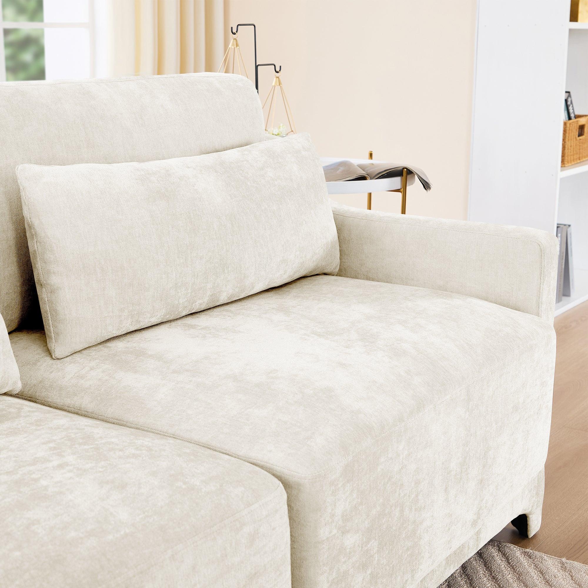 Beige Chenille Four-Seater Sofa with Ottoman Pillow.
