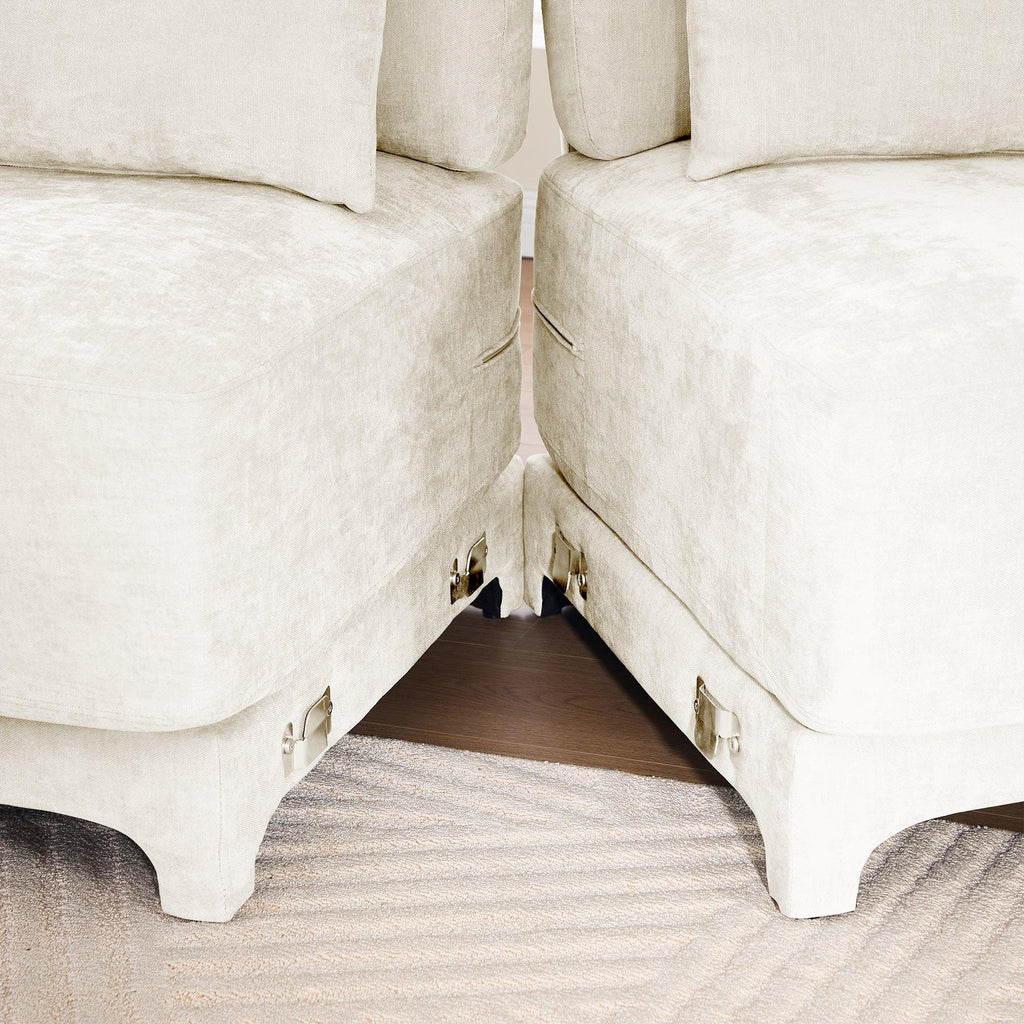 Beige Chenille Four-Seater Sofa with Ottoman Pillow.