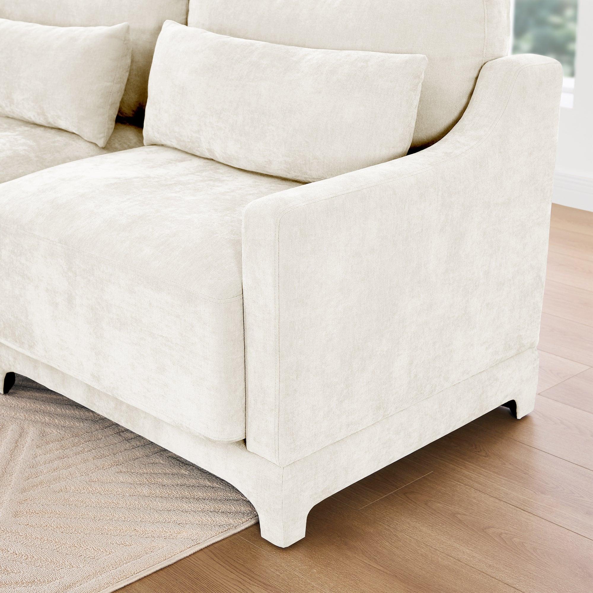 Beige Chenille Four-Seater Sofa with Ottoman Pillow.