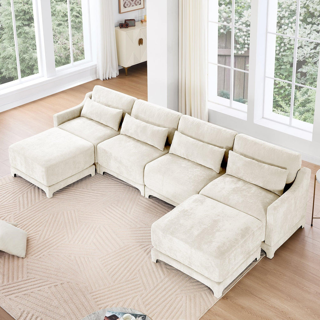 Beige Chenille Four-Seater Sofa with Ottoman Pillow.