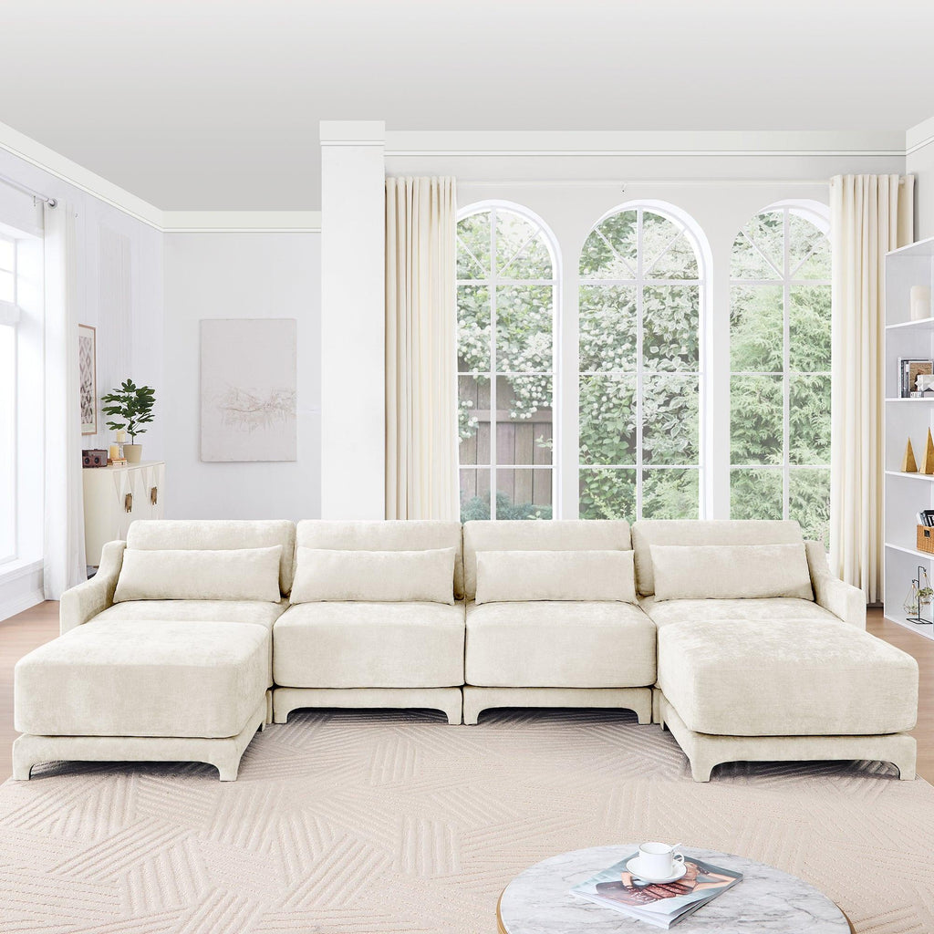 Beige Chenille Four-Seater Sofa with Ottoman Pillow.